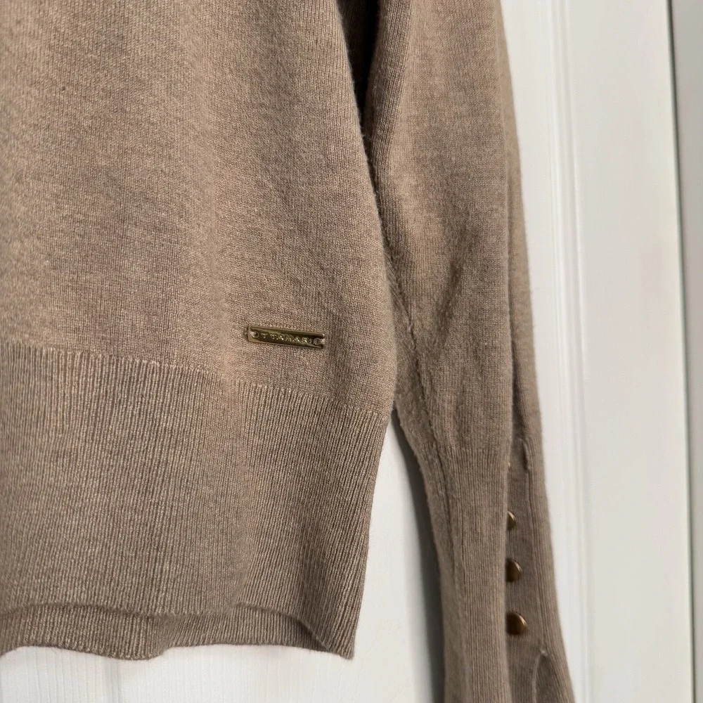 Tahari Sweater Women XL Tan/Brown Turtleneck Lightweight Gold Button Minimalist
